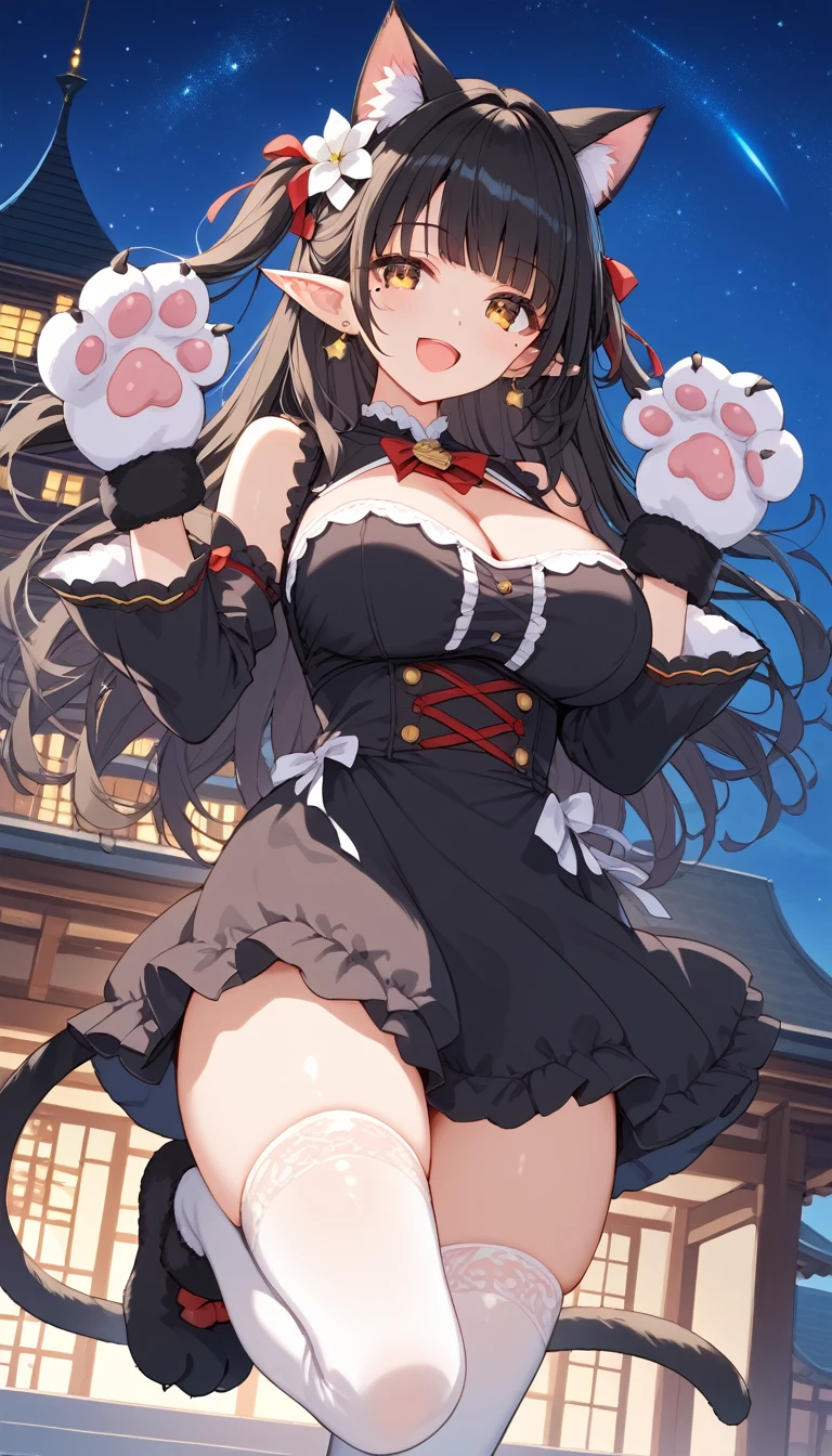 score_9, score_8_up, score_7_up, score_6_up, score_5_up, score_4_up, anime screencap, best quality, masterpiece, 1 female, elf, breasts, animal ears, cat ears, solo, thighhighs, black hair, tail, animal hands, paw gloves, hair ornament, long hair, hair flower, cat tail, looking at viewer, white thighhighs, smile, dress, flower, gloves, night, outdoors, cleavage, black dress, open mouth, paw shoes, detached sleeves, blush, standing, bare shoulders, ribbon, thighs, cat girl, medium breasts, standing on one leg, building, sky, :d, white flower, hair ribbon, red ribbon, long sleeves, sleeveless, bow, night sky, mole, yellow eyes, extra ears, star (sky), short dress, clothing cutout, two side up, orange eyes, animal ear fluff, large breasts, earrings, hands up, brown eyes, sleeveless dress