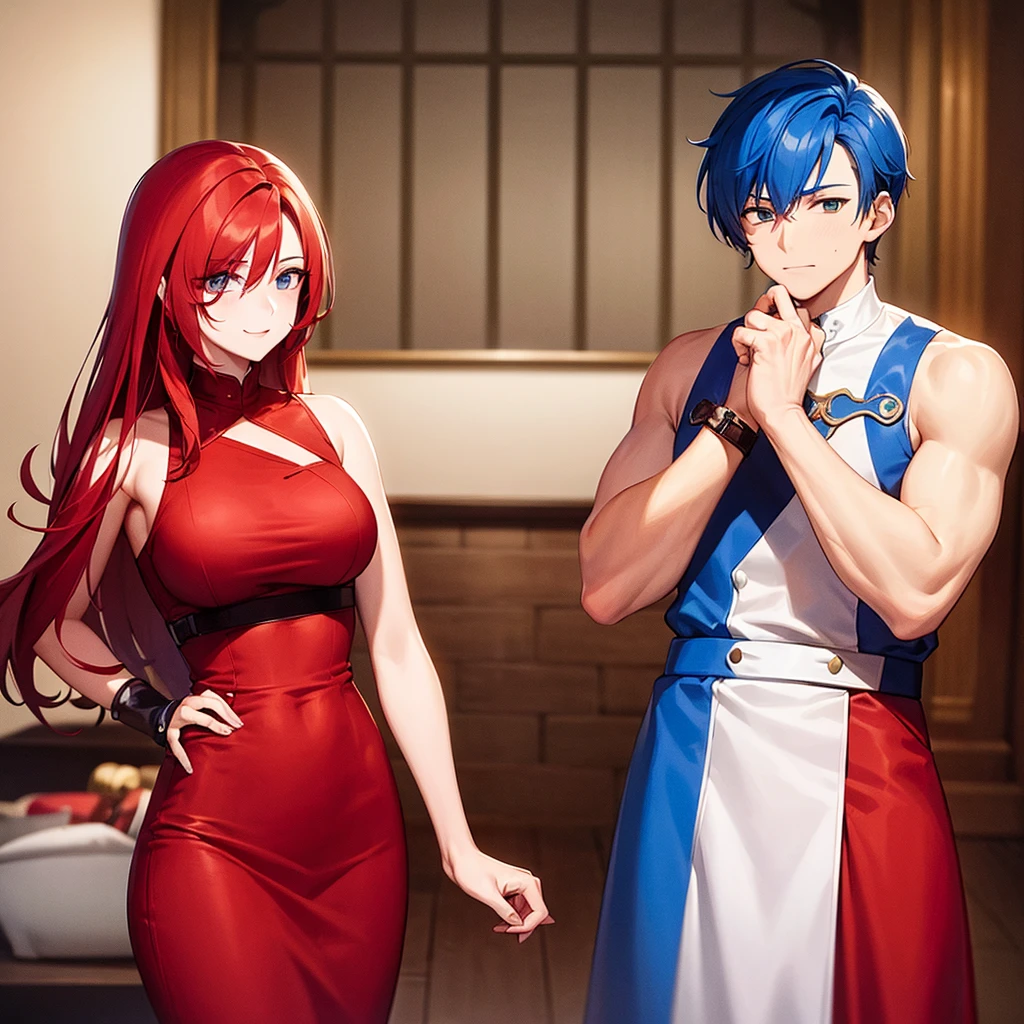 A man with red and white hair and a woman with blue hair in the room