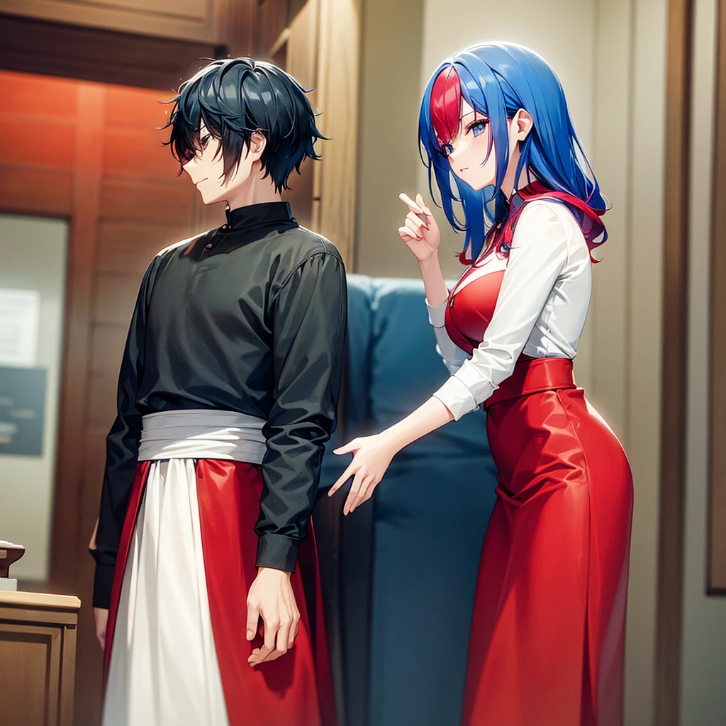 A man with red and white hair and a woman with blue hair in the room