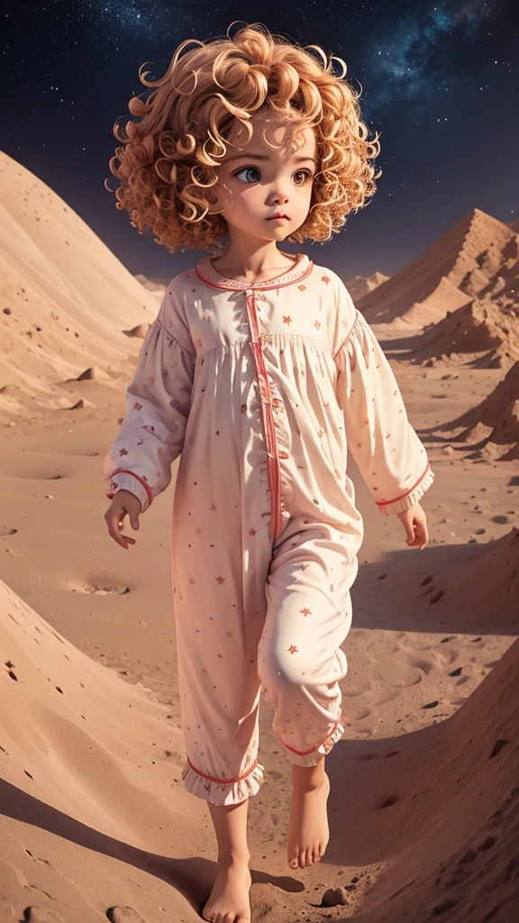 a  with curly hair and star-patterned pajamas, landing gently on the moon's surface, surrounded by craters and small mountains.