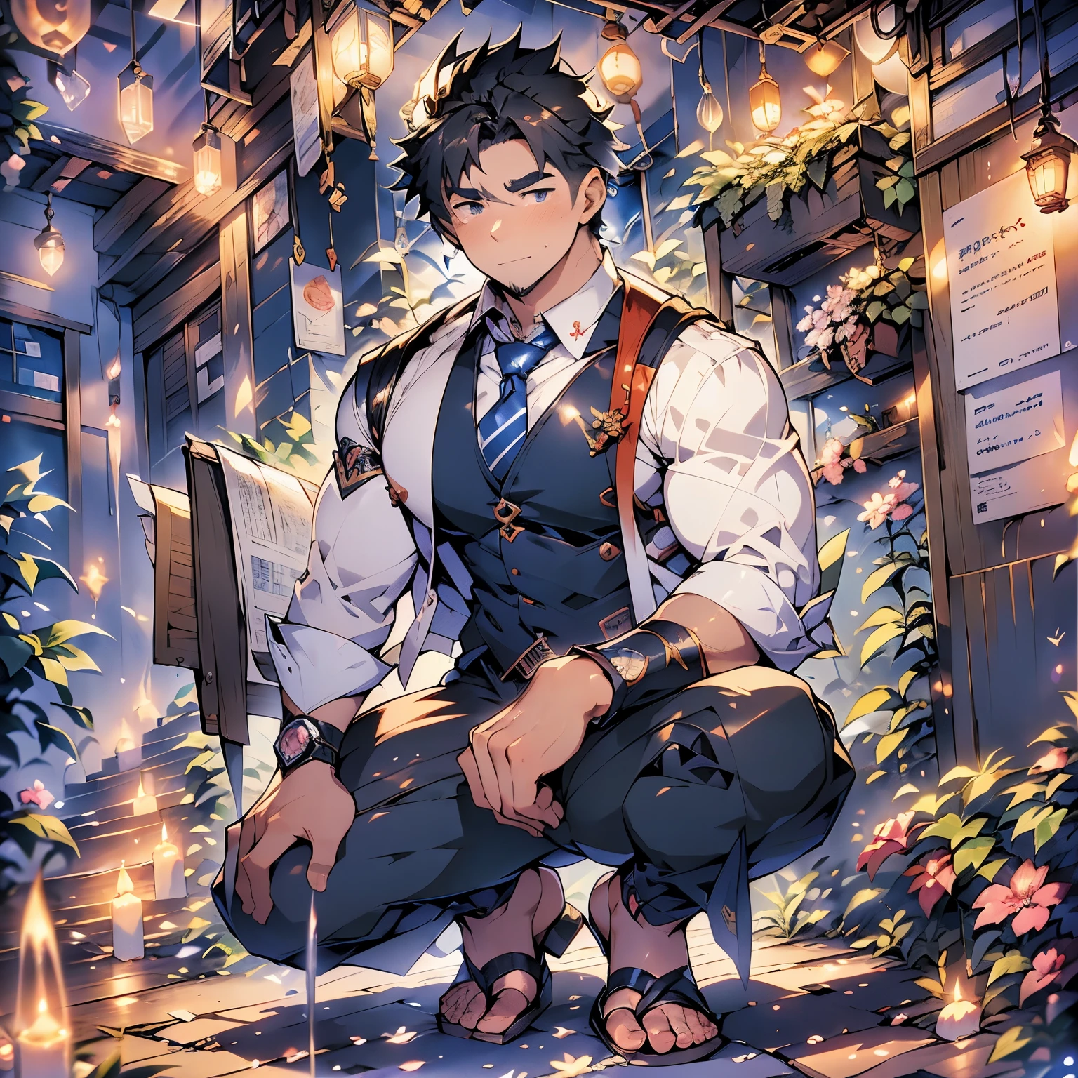 Highest quality、High resolution、８K、Japanese anime-like illustrations、Very handsome grown man、（detailed face）、（detailed eyes）、A fantastic atmosphere、Wearing a white shirt、Navy blue tie、Wearing black trousers、Crouching in sandals、A very handsome young man with dark hair and dark eyes、A detailed, symmetrical face、Background、There is no one around in the garden of an old Japanese house、Amazing anime 8k, male hero, artstation、 Anime Handsome Man, Anime Style 4k, 4k anime wallpaper, Anime Concept HDR Anime McManus, Male Anime Characters, Anime Art Wallpapers 8K