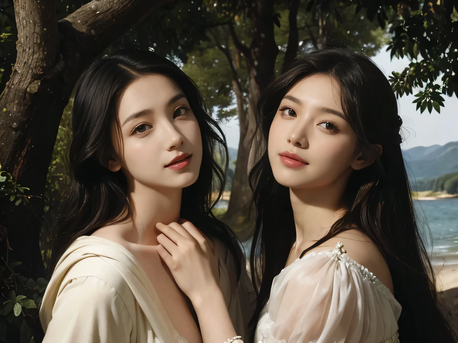 Giorgione painting style,Barbizon forest A beautiful woman in Greek dress smiles on the shore,Sweet and seductive appearance.、Caravaggio's paintings、Chiaroscuro of Caravaggio、hair tousled by the wind,Two women frolicking,cute smile, expression of ecstasy,Sexy,erotic, full body portrait