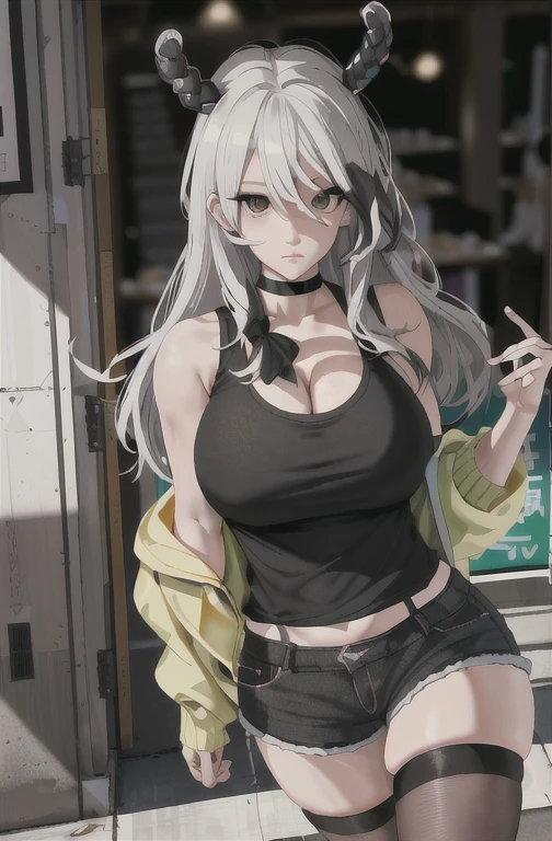 absurd, best quality, 1 Girl, Solitary, Looking at the audience, Eyes Focus, Lukoadi, Casual CL, shorts, Vest, High Leg Raise, Heterochromia, Eyes Focus,
ADDCOMM green eyesADDCOL
(black eyes:1.5), 狭缝pupil, smart student, pupil(((Full and soft breasts,)))(((Huge breasts))) (((Cleavage)))