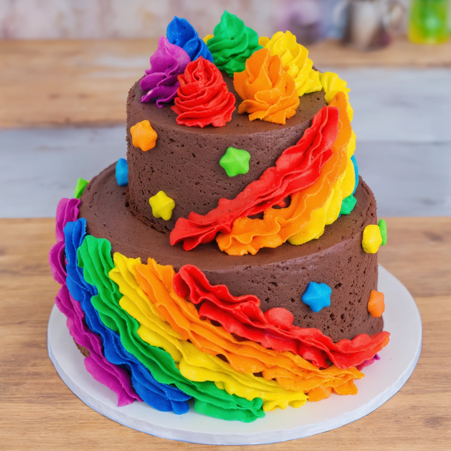 on a wooden table. there is a white plate. double tier chocolate cake, rainbow cream in the form of ruffles, decorated with rainbow stars made of polymer clay, multi-colored cream on top, against the background of the kitchen, Beautiful light from the window, Contour light, several light sources, beautiful lighting, Bright light source, bright lighting, beautiful light sources, Multiple light sources, Realistic style , realistic texture, detailed texture, A high resolution, high quality, beautiful photo of the cake, advertising photo, macro photography