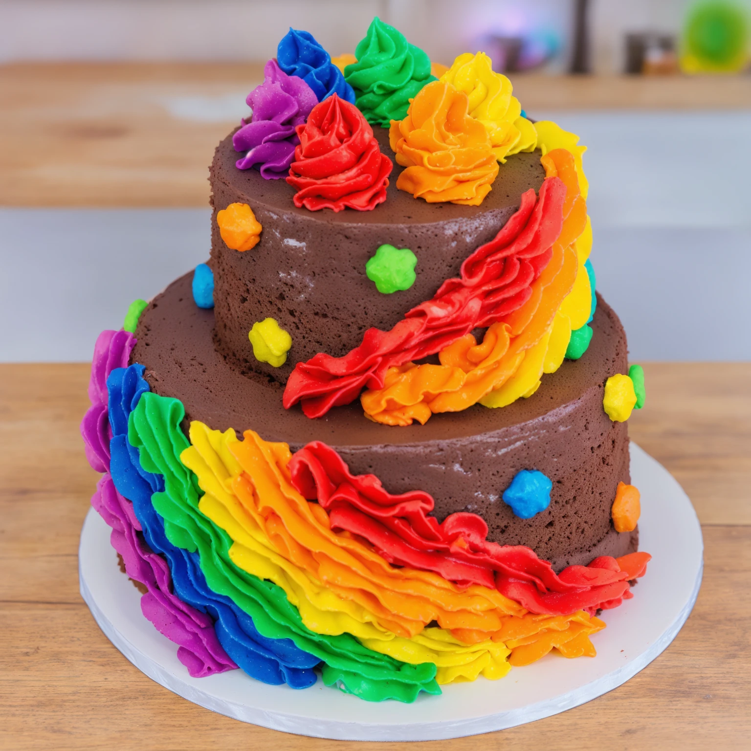 on a wooden table. there is a white plate. double tier chocolate cake, rainbow cream in the form of ruffles, decorated with rainbow stars made of polymer clay, multi-colored cream on top, against the background of the kitchen, Beautiful light from the window, Contour light, several light sources, beautiful lighting, Bright light source, bright lighting, beautiful light sources, Multiple light sources, Realistic style , realistic texture, detailed texture, A high resolution, high quality, beautiful photo of the cake, advertising photo, macro photography