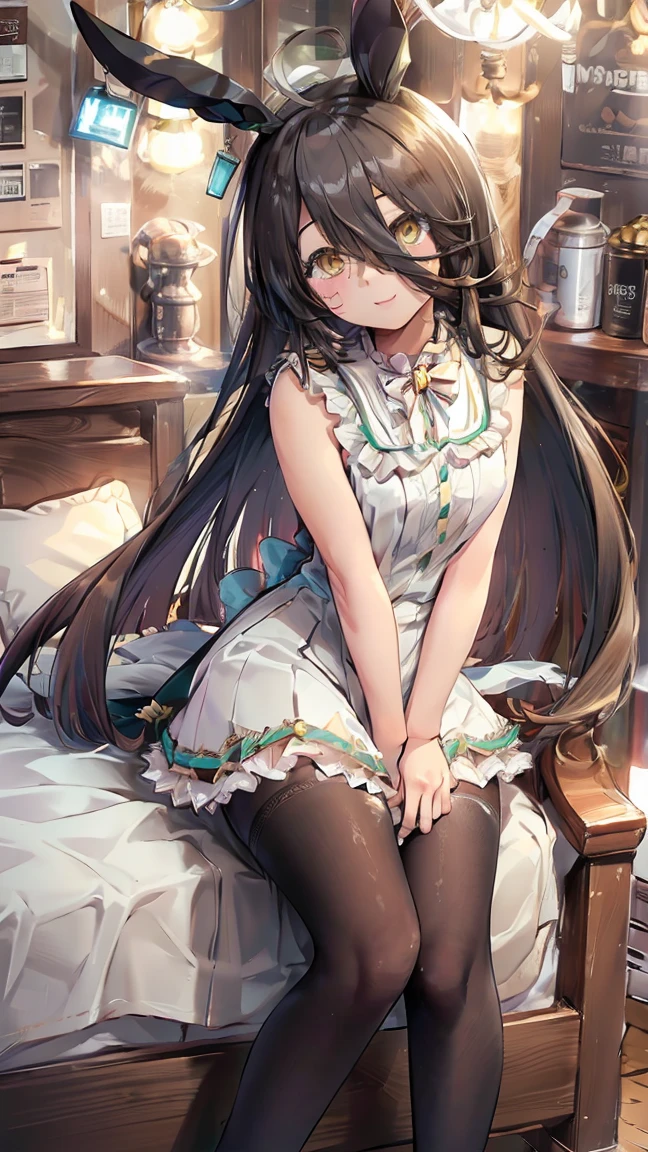 masterpiece, Highest quality, High resolution, Very detailed,(((Manhattan Cafe))), (((Bunny girl))), (((smile))), On the bed