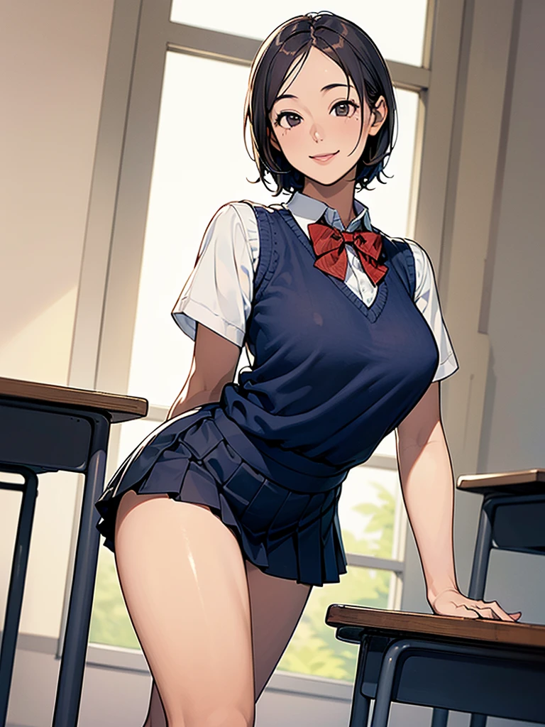 (masterpiece、Highest quality)、Beautiful illustrations、Staring at the audience、Beautiful thighs、Front view、((1 Girl))、Mature 、She looks like a 25-year-old high school girl.、Shiny skin、(Short Hair)、Big eyes、Long eyelashes、Very tall、 Beautiful Hair、Beautiful Face、Beautiful Eyes、 Beautiful breasts、Beautiful thighs、Beautiful feet、Beautiful fingers、(((Brown knitted vest、Short sleeve white collar shirt、Navy Pleated Skirt)))、((Red bow tie))、(In the classroom)、Are standing、((smile))
