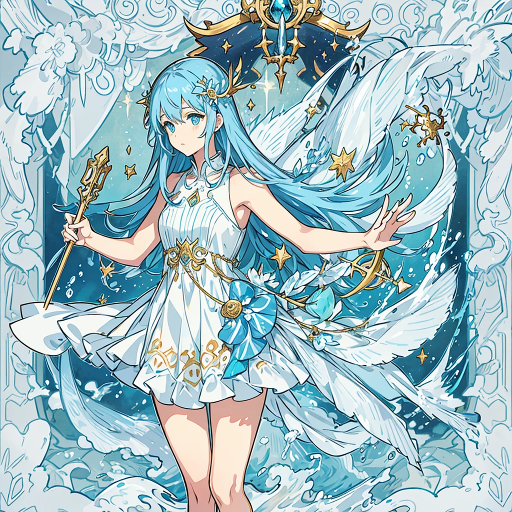God of water , long blue and transparent hair , blue eyes , in the water , long blue and white traditional god of water dress , , have a trident in gold behind her back , fish and jellyfish around her