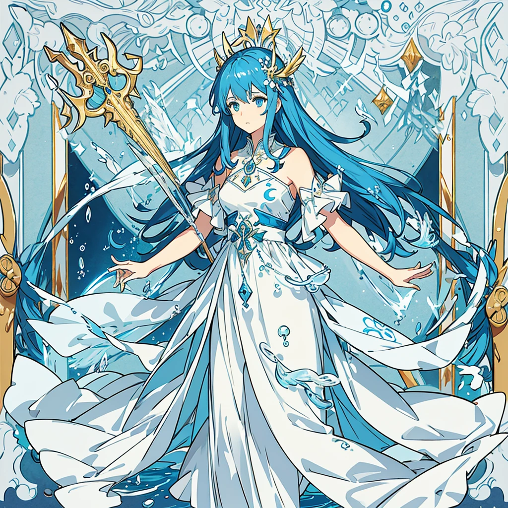 God of water , long blue and transparent hair , blue eyes , in the water , long blue and white traditional god of water dress , , have a trident in gold behind her back , fish and jellyfish around her