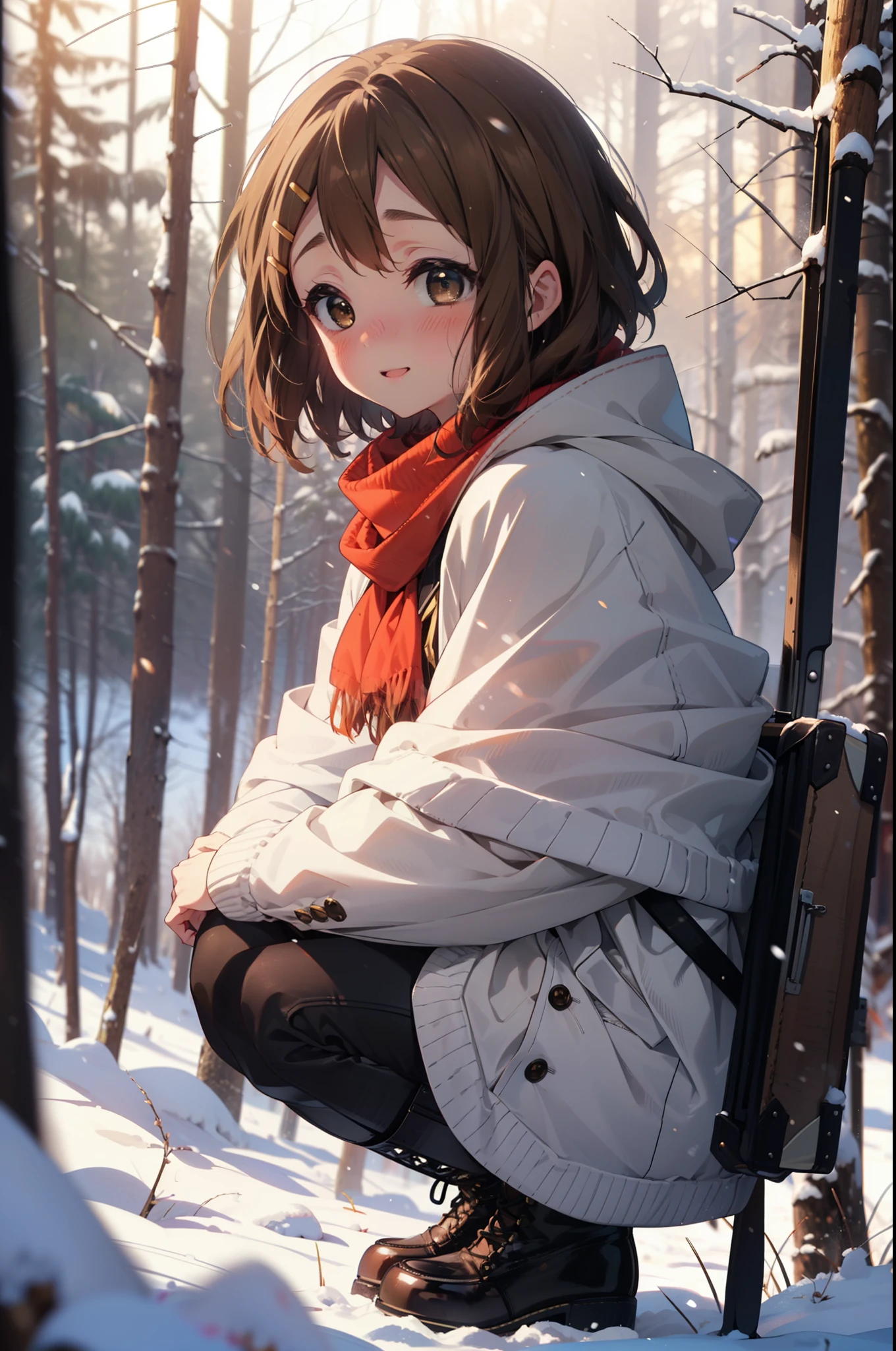 yuihirasawa, Yui Hirasawa, short hair, Brown Hair, hair ornaments, (Brown eyes:1.5), Hair Clip、smile,smile,blush,White Breath,
Open your mouth,snow,Ground bonfire,, Outdoor, boots, snowing, From the side, wood, suitcase, Cape, Blurred, , forest, White handbag, nature,  Squat, Mouth closed, Cape, winter, Written boundary depth, Black shoes, red Cape break looking at viewer, Upper Body, whole body, break Outdoor, forest, nature, break (masterpiece:1.2), Highest quality, High resolution, unity 8k wallpaper, (shape:0.8), (Beautiful and beautiful eyes:1.6), Highly detailed face, Perfect lighting, Highly detailed CG, (Perfect hands, Perfect Anatomy),