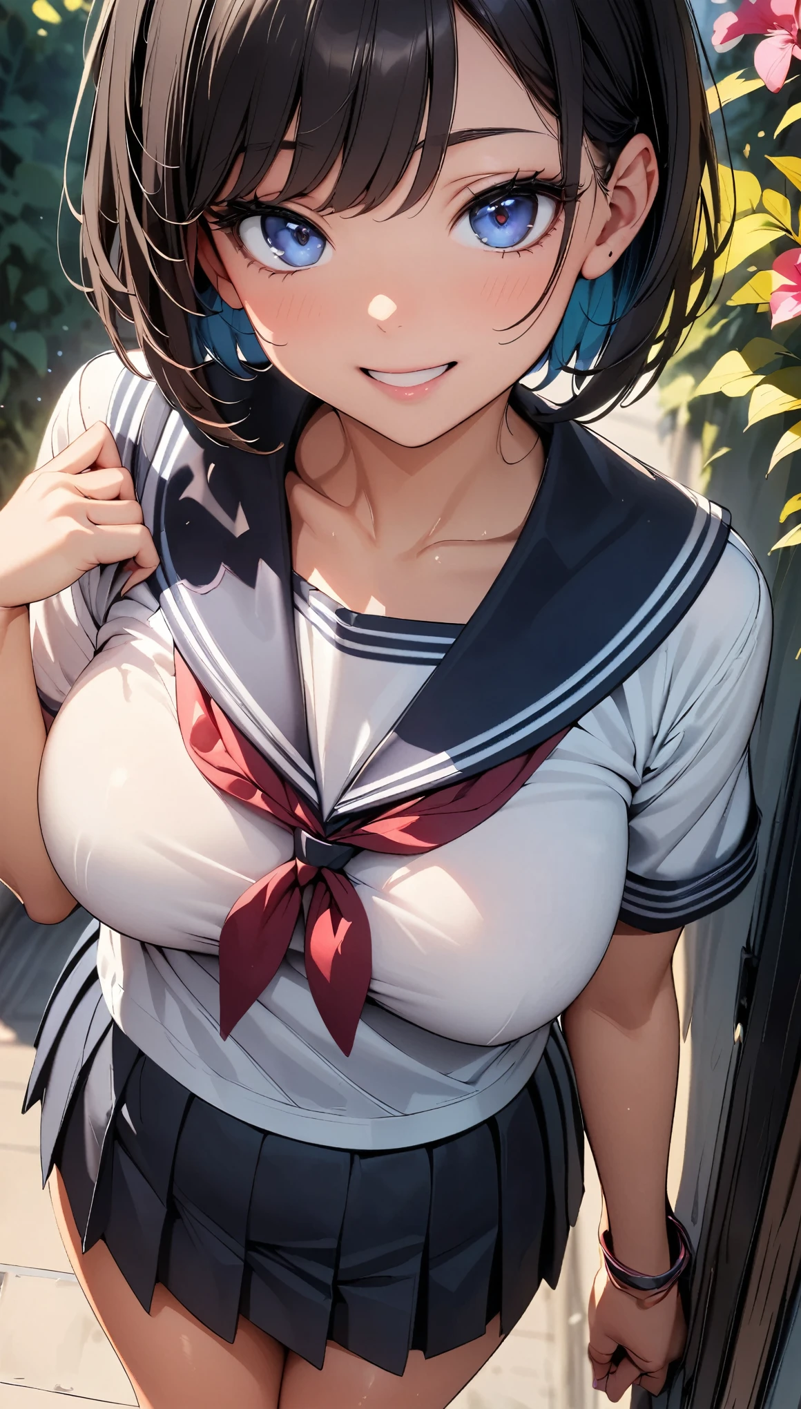(Highest quality:1.2, 4K, 8K, Very detailed, Latest, Vibrant, High detail, masterpiece:1.2, Highest quality, Best aesthetics), (((1 Girl))), JK, Sailor suit, Pleated skirt, Open your mouth slightly:1.2, smile, (Black Hair, short hair), Dynamic Angle, Friendly atmosphere, Beautiful Hair, Shiny Hair, Beautiful Skin, Detailed face and eyes, Glossy Lips, Curvy Women, A park full of greenery:1.2, Colorful flowers, Light and shadow with attention to detail, Background Blur.