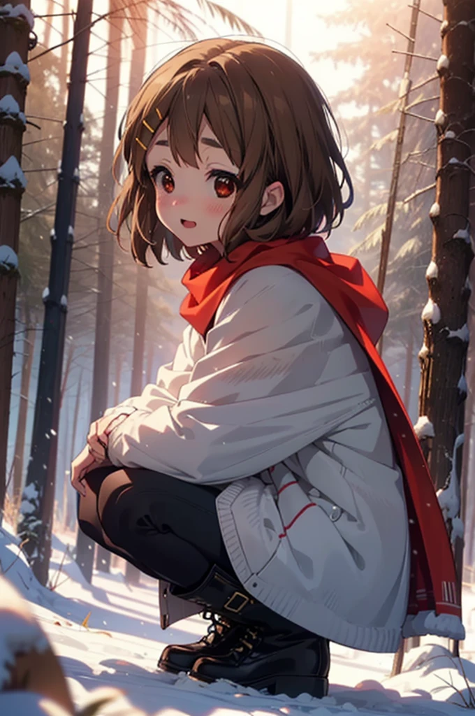 yuihirasawa, Yui Hirasawa, short hair, Brown Hair, hair ornaments, (Brown eyes:1.5), Hair Clip、smile,smile,blush,White Breath,
Open your mouth,snow,Ground bonfire,, Outdoor, boots, snowing, From the side, wood, suitcase, Cape, Blurred, , forest, White handbag, nature, Squat, Mouth closed, Cape, winter, Written boundary depth, Black shoes, red Cape break looking at viewer, Upper Body, whole body, break Outdoor, forest, nature, break (masterpiece:1.2), Highest quality, High resolution, unity 8k wallpaper, (shape:0.8), (Beautiful and beautiful eyes:1.6), Highly detailed face, Perfect lighting, Highly detailed CG, (Perfect hands, Perfect Anatomy),