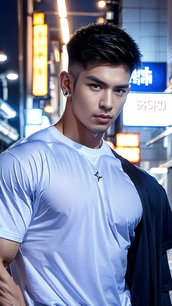 korea male male model, big muscles, handsome, cool, smoothly combed hair, pierced ears, wearing a t-shirt navy top, holding a lollipop, portraiture, modeling, dynamic pose, Japanese street, late at night, store lights trade, full half body shot