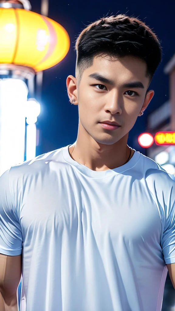 korea male male model, big muscles, handsome, cool, smoothly combed hair, pierced ears, wearing a t-shirt navy top, holding a lollipop, portraiture, modeling, dynamic pose, Japanese street, late at night, store lights trade, full half body shot
