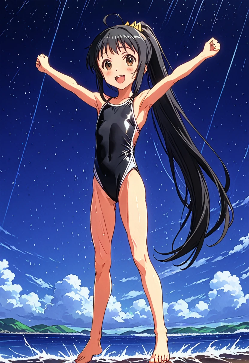 sword art online, yui, long hair, bangs, black hair, hair ornament, very long hair, high ponytail, blunt bangs, hime cut, brown eyes, masterpiece, best quality, anime screencap, tsuchimiya, competition swimsuit, black swimsuit, barefoot, bare legs, 1girl, solo, night, ocean, smile, open mouth, black one-piece swimsuit, full body, wet, high saturation, high contrast, outdoor, concept, bodybuilder, muscular female, alternate muscle size, muscle, flexing, standing