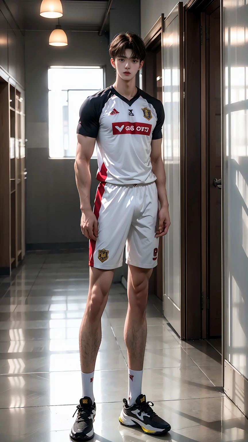 masterpiece,best quality,Front view,Stay away from the camera, (An 18-year-old tall boy:1.2), 190cm tall,(Standing upright in the campus corridor:1.2),(Football Jersey),Broad shoulders,Muscular shoulders,(Extremely strong body),Muscular body,Attractive and fit body,Inverted triangle figure,Biceps,Highlight muscle texture, Muscular body,Long and strong legs,sports shoes,Small head,Handsome and cute face,V-Shaped Face,Perfectly detailed facial features,Looking at the camera,Innocent expression,leaning back,head tilt, happy, very short hair, brown hair,(looking at viewer:1.2),Vision
