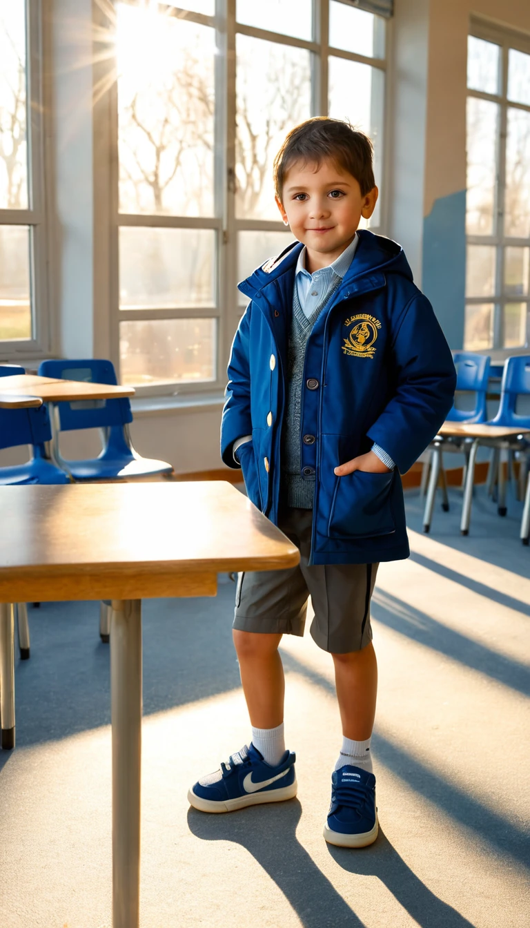 A , 5 years ols looking camera. He is in front of Class in School. He is playing guitar. Sun light from windows,  Supper Detail, 32K, ultra, high quality, masterpiece, (full body), leg with sport shoes, he is blue coat,