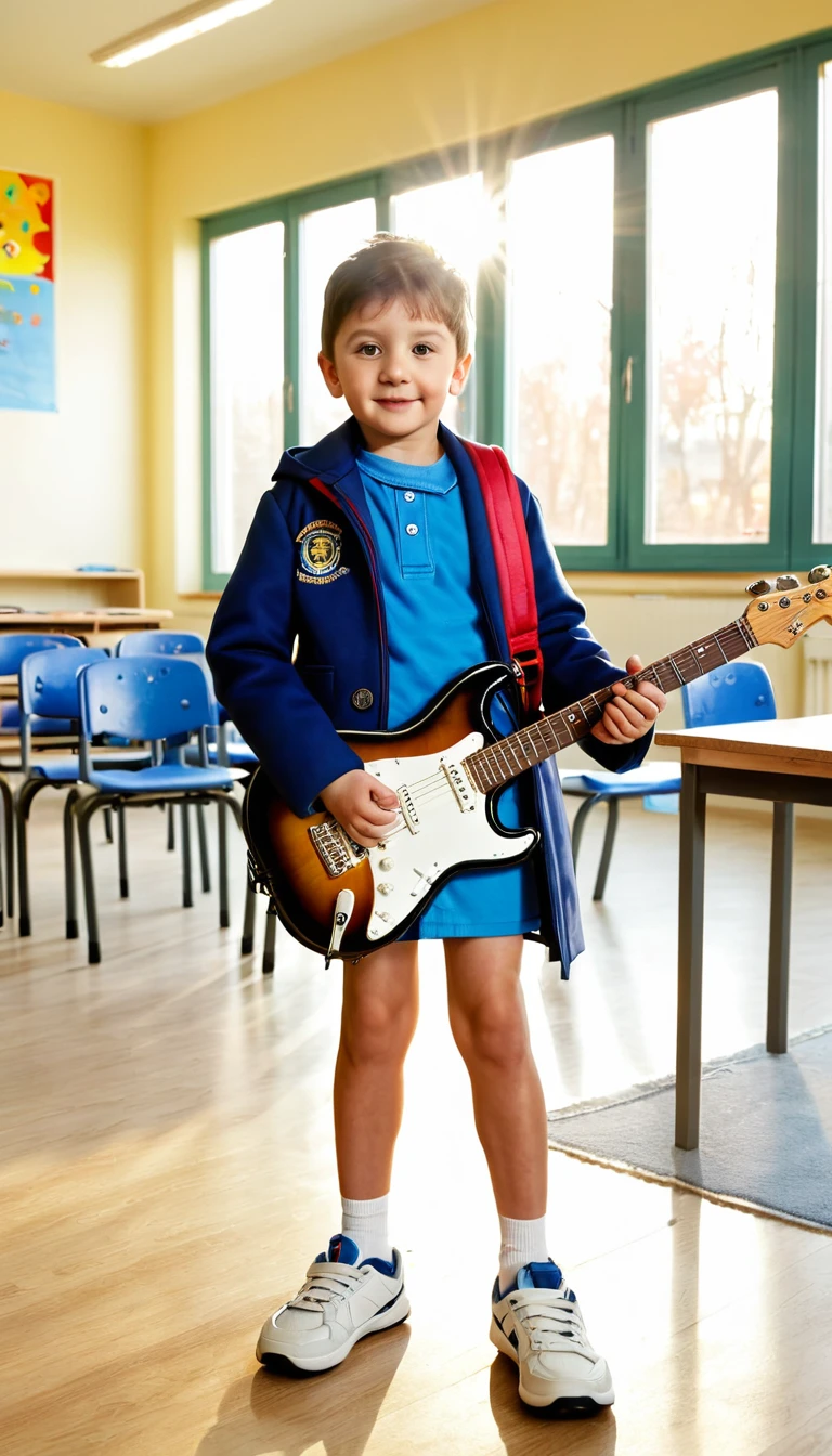 A baby boy, 5 years old, face is looking camera. He is in front of Class in School. He is playing guitar. Sun light from windows,  Supper Detail, 32K, ultra, high quality, masterpiece, (full body), leg with sport shoes, he is blue coat,