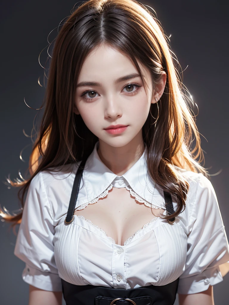 raw photo, 1girl, cute face, beautiful face, medium breast, collared blouse, White blouse, light smile, Upper body, detailed skin, pore, simple background, photorealistic, anatomically correct, masterpiece, best quality, UHD