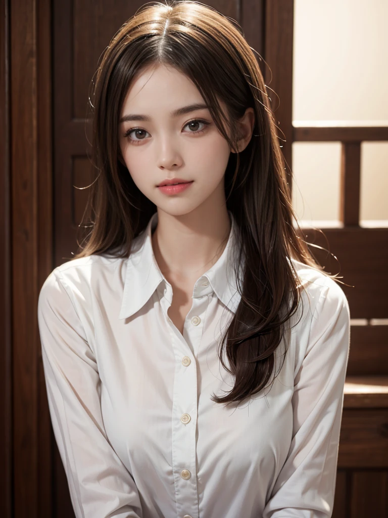 raw photo, 1girl, cute face, beautiful face, medium breast, collared blouse, White blouse, light smile, Upper body, detailed skin, pore, simple background, photorealistic, anatomically correct, masterpiece, best quality, UHD