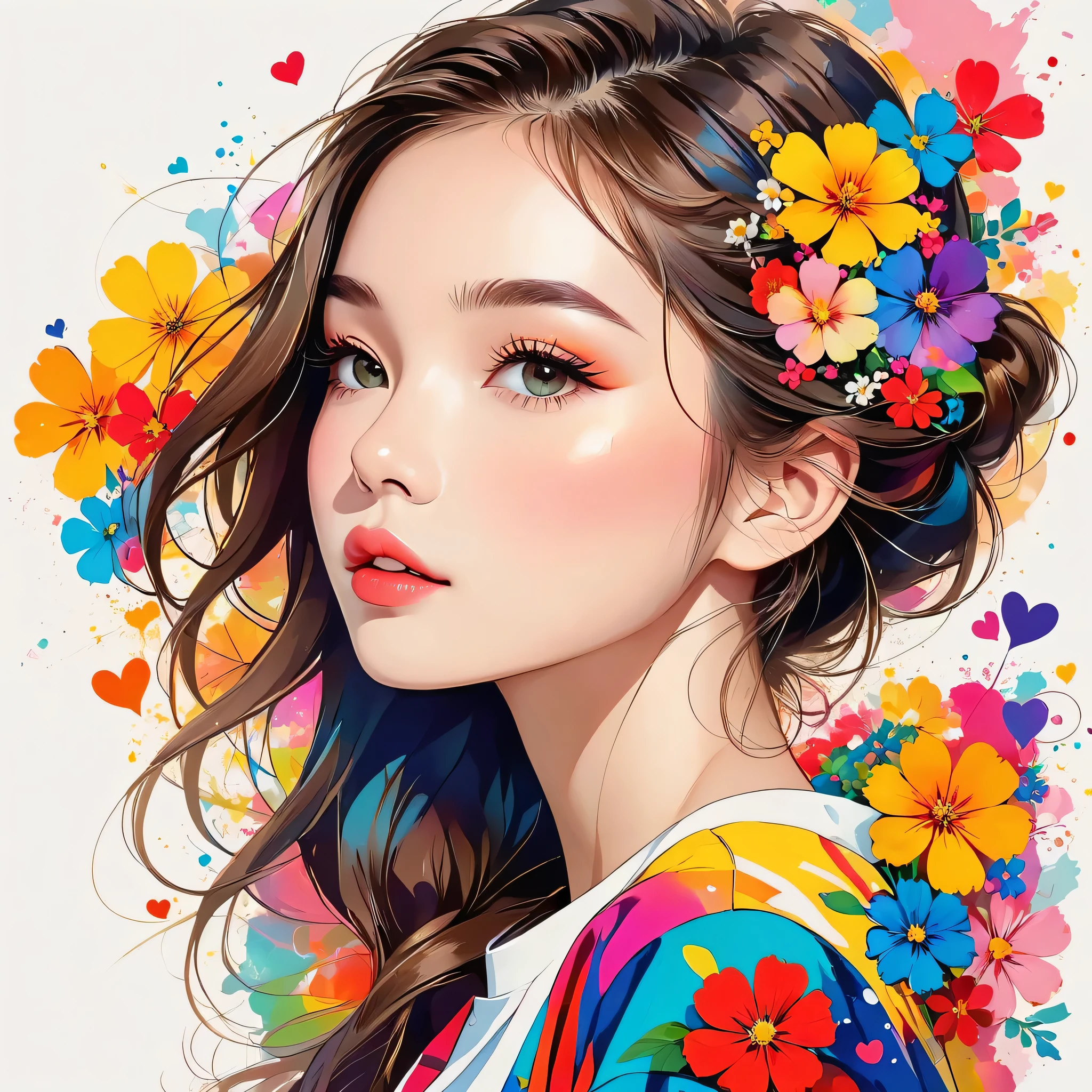 Mika Pikazo Style、The most beautiful girl of all time、Lips in Love、Colorful flowers、colorful hearts, Simple line initials、Abstract art、Urban Background
