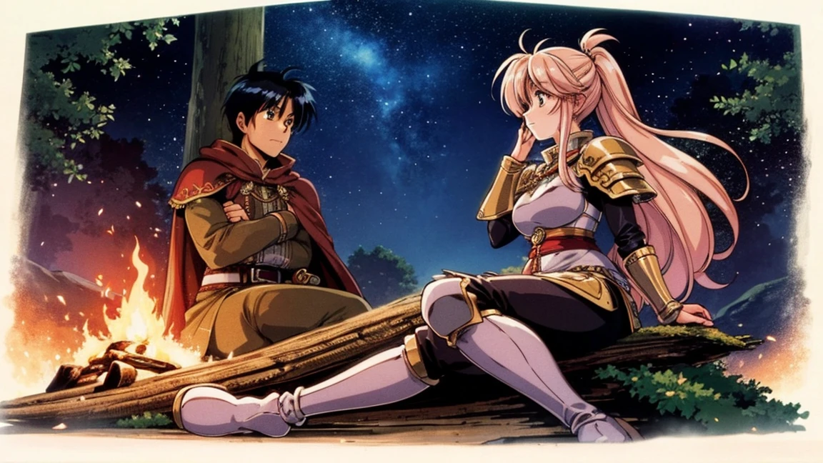 A human female adventurer camping outdoors in a fantasy game world, illustrated in a Japanese anime style. She is sitting on a log near a campfire, with her long, flowing hair tied back in a ponytail. She is dressed in detailed medieval-style adventurer clothing with leather armor, a cape, and boots. Her large, expressive eyes are highlighted by the warm, flickering campfire light, and she has a thoughtful expression as she gazes into the fire. The background features a dense, enchanted forest under a starry night sky. The scene is detailed with vibrant colors and a focus on anime aesthetics. 