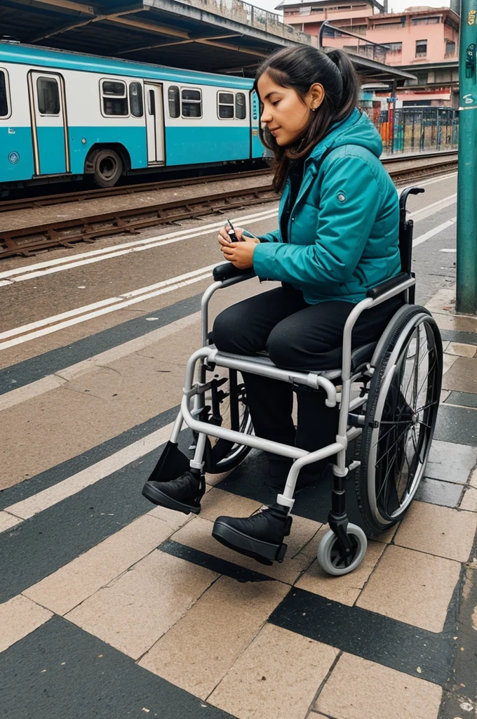 Create an illustration for children where a woman with a wheelchair disability cannot travel either on the platform or on the street due to the obstacles that exist and the bad roads with eggs in Bogotá