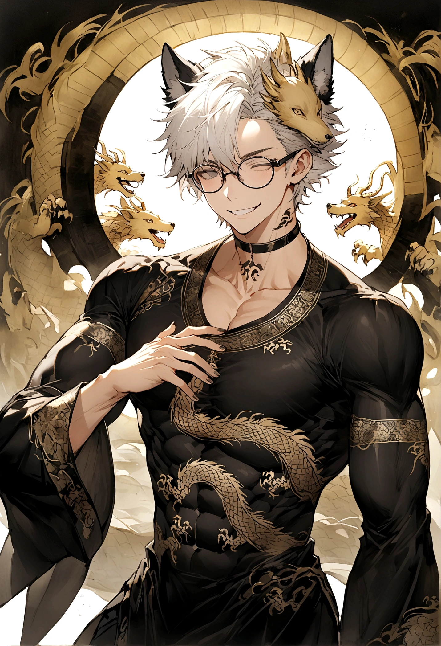 Long white hair cut wolf style, always smile and close the eyes,male,slim,have abs and muscles little, black Chinese long clothes with golden dragon patterns, black dragon tattoos on neck, black rimless glasses on head,The background have bamboo