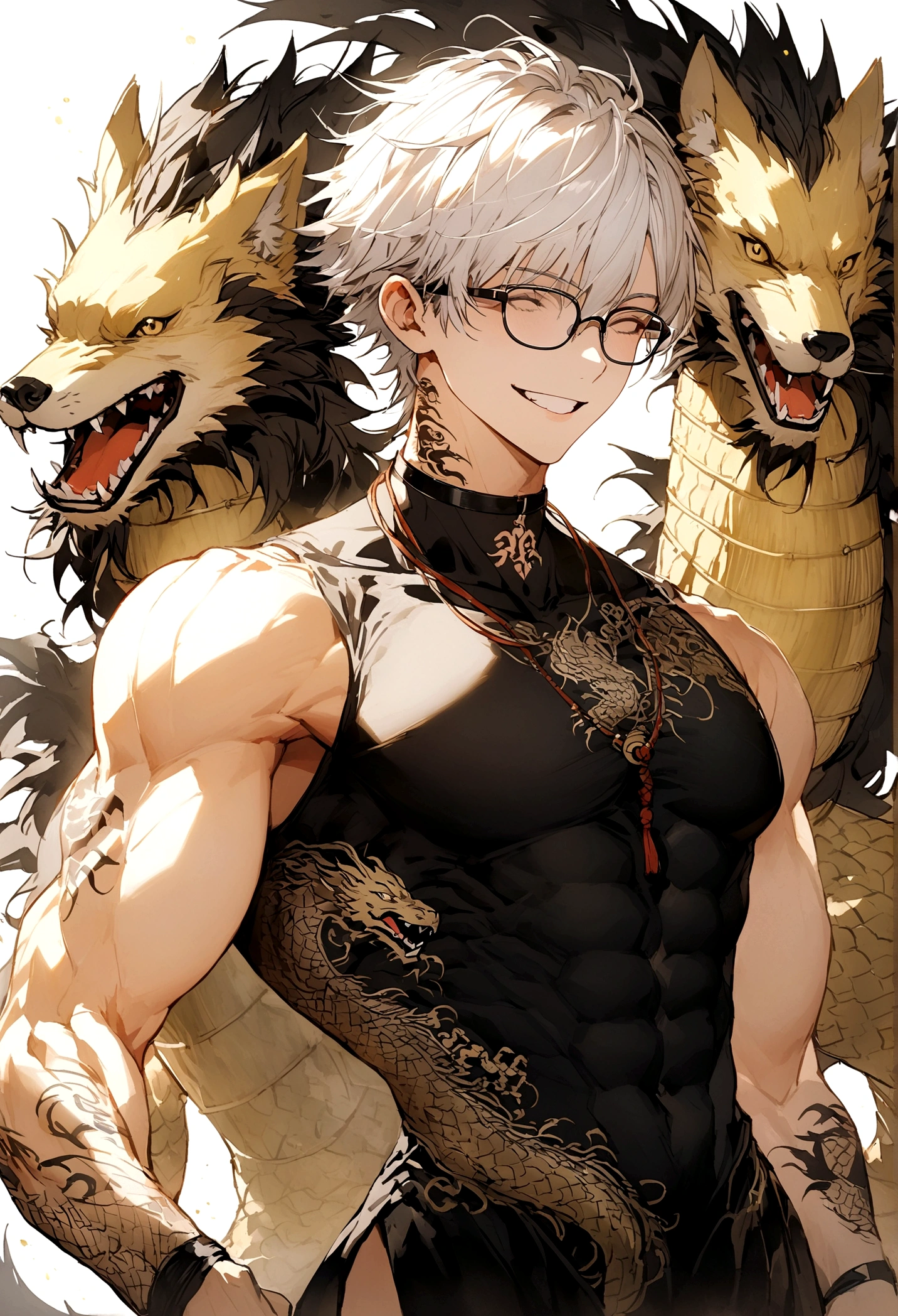 Long white hair cut wolf style, always smile and close the eyes,male,slim,have abs and muscles little, black Chinese long clothes with golden dragon patterns, black dragon tattoos on neck, black rimless glasses on head,The background have bamboo