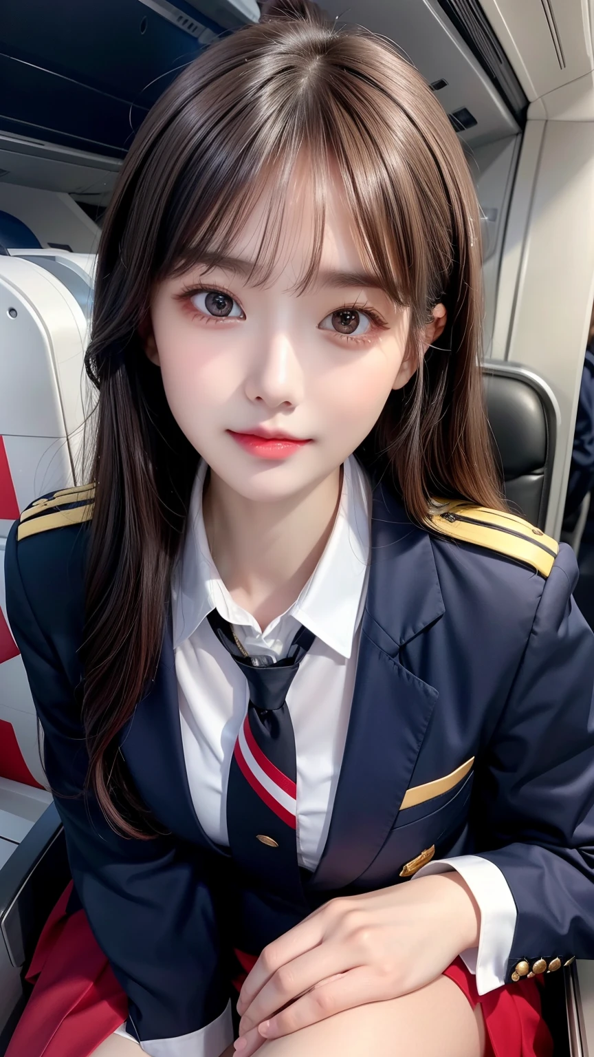 masutepiece, Best Quality, 8K、(Golden Ratio Face、Balanced eyes、very gentle eyelids)、double eyelid、Beautiful nasal muscles、Shy laughter、Lip Gloss 、Very beautiful girl、Beautiful girl solo like a model、View photographer、Image of a woman wearing a uniform with a tie, loose coat color uniform, uniform, full uniform, pilot outfit, officer uniform, mini skirt, girl wearing school uniform、flight attendant suit,Stewardess uniform,Stewardess uniform、(Look at viewers,Inside the plane:1.2)、(Showing fair thighs), (Sitting on the seat with legs crossed), foucs on legs, 