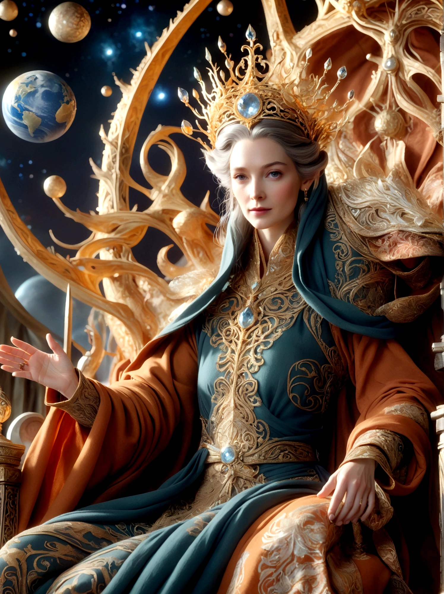 (The Queen of Middle-earth:1.3)，A royal figure in a lavish robe, adorned with a large crown, is seated on a throne, The setting is otherworldly and surreal, located in the vast expanse of space, The figure is perched on a miniature planet that's enveloped entirely by the rich fabric of the robe, reflecting an element of royal extravagance