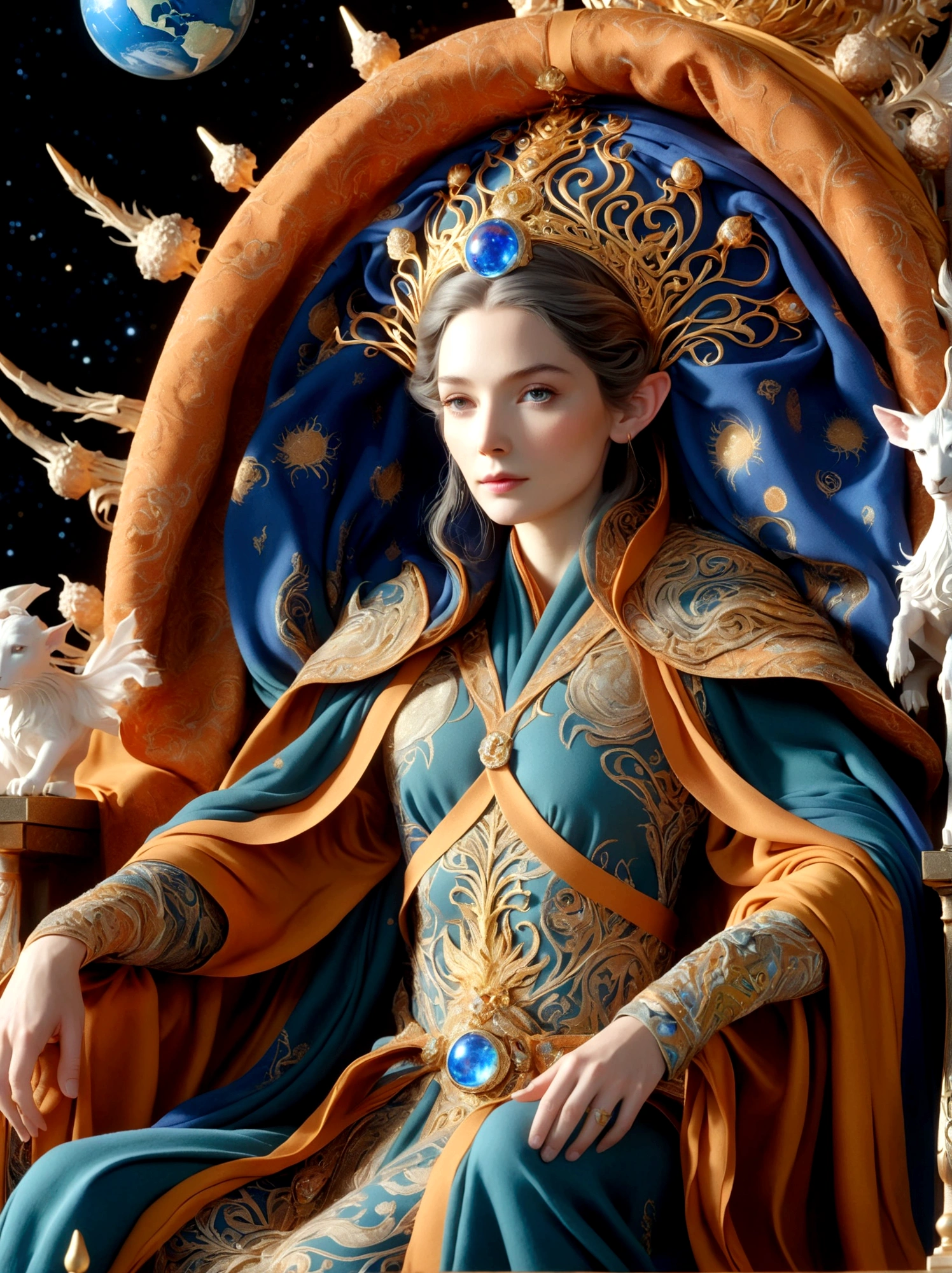 (The Queen of Middle-earth:1.3),A royal figure in a lavish robe, adorned with a large crown, is seated on a throne, The setting is otherworldly and surreal, located in the vast expanse of space, The figure is perched on a miniature planet that's enveloped entirely by the rich fabric of the robe, reflecting an element of royal extravagance
