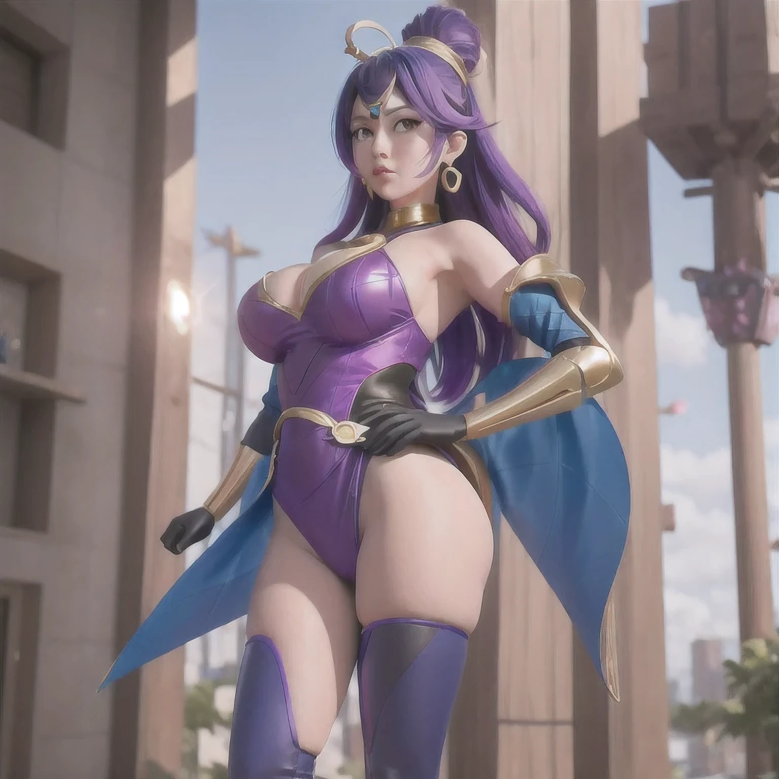 araffed Purple Powder Queen in a blue and gold outfit posing for a picture,Purple Powder Queen oppai, 8k octae render photo, giant stunning goddess shot, anime goddess, granblue fantasy, 8k artgerm bokeh, sfw version, ayaka game genshin impact, ayaka genshin impact, wlop and artgerm(masterpiece, best quality:1.2), 1girl, solo,Modern woman in blue and gold outfit posing for camera, The Opai of Biomechanics, 8k Octave Rendering Photo, giant stunning goddess shot, Anime Goddess, granblue fantasy, 8k Artistic German Bokeh, SFW version, Ayaka Game Genshin Impact, Ayaka Genshin Impact, wlop and Purple Powder Queen