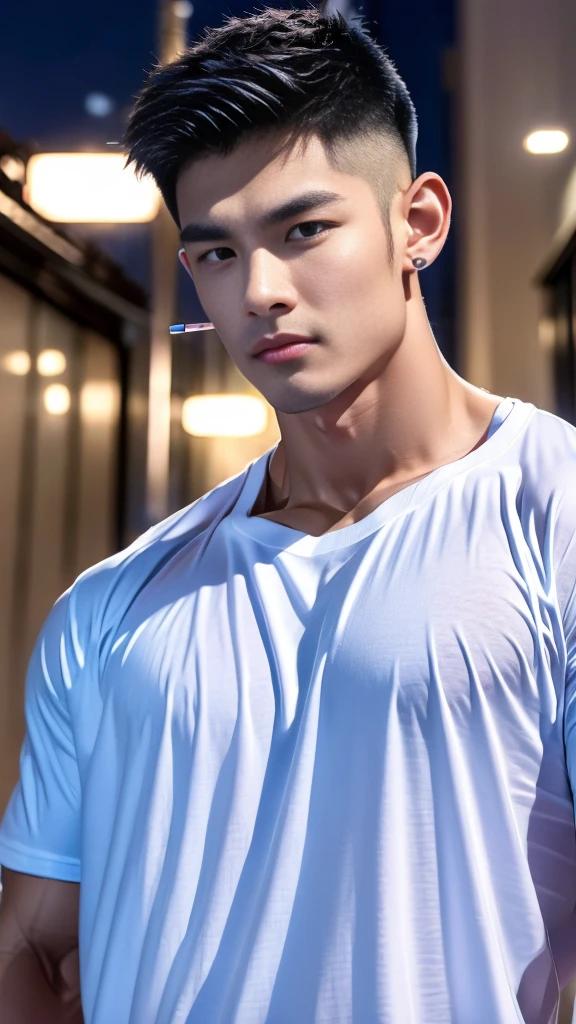 korea male male model, big muscles, handsome, cool, smoothly combed hair, pierced ears, wearing a t-shirt navy top, holding a lollipop, portraiture, modeling, dynamic pose, Japanese street, late at night, store lights trade, full half body shot