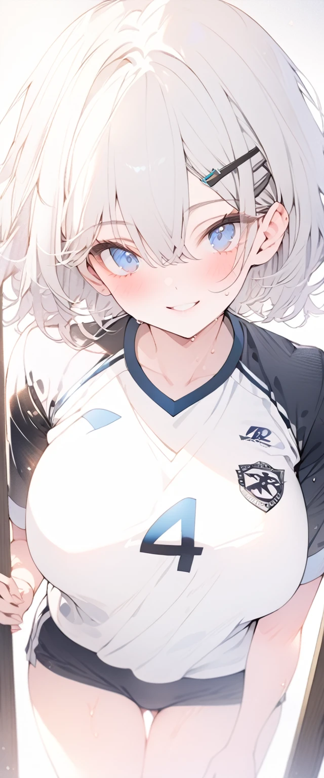 beautiful, masterpiece, Highest quality, anime, One girl, C Cup,Portrait Shot, View your viewers, Covered、Short Hair、nearby、Blue Eyes、art、、White hair,Blue streaked hair、hairpin、Cute smile、Thighs、Cute、Beautiful breasts、Sweat、Volleyball Club、Volleyball uniform、separate、mirror、Private room
