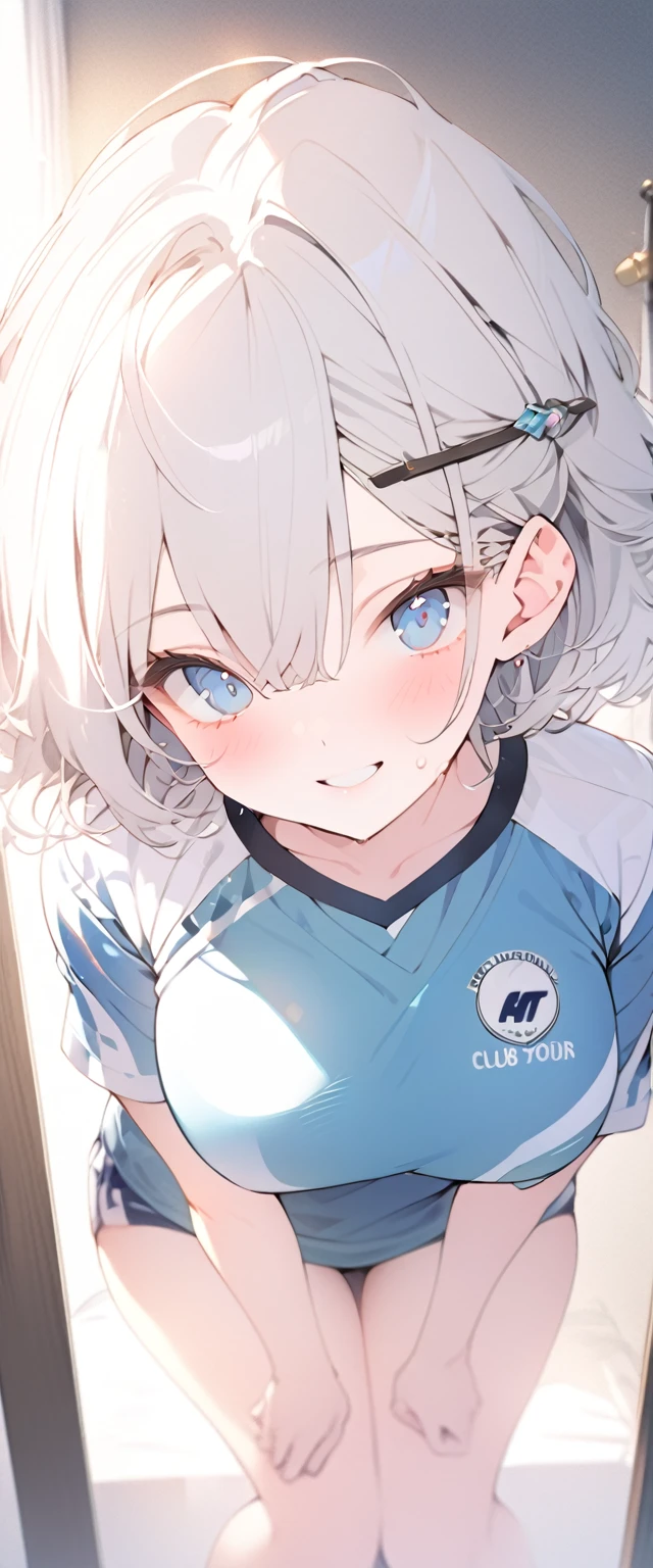 beautiful, masterpiece, Highest quality, anime, One girl, C Cup,Portrait Shot, View your viewers, Covered、Short Hair、nearby、Blue Eyes、art、、White hair,Blue streaked hair、hairpin、Cute smile、Thighs、Cute、Beautiful breasts、Sweat、Volleyball Club、Volleyball uniform、separate、mirror、Private room
