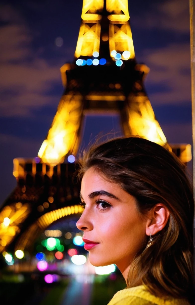 1fille, guapo, paris, Eiffel, nuit, regarder le spectateur, head of'artwork, best quality, high resolution, 8K, sharpness, cinematography, Cinematic lighting, Movie scene, muted colors, Professionnel, depth of field, photorealistic, magnificent, Maximum details, (brut, digital SLR, hdr, la plus haute qualité), smooth, roughness, hyper realistic, grain de film, bokeh, epic, spectacular