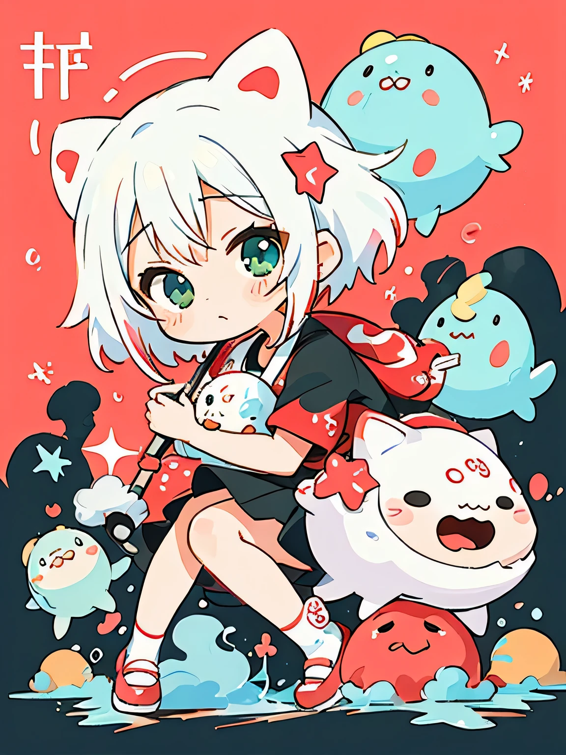 Black Star Red and White style、Kawaii Design, The most beautiful girl of all time、chibi, (((Cute and colorful amoeba))), (((トイレ)))