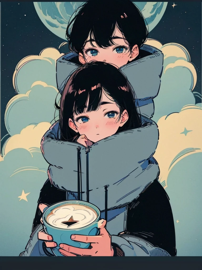 Close-up of a 19-year-old black-haired man、Being Calm、gentle light、black background、Coffee、head shot、Lo-Fi Illustration、a relaxing sight、starry sky、Countless stars、night view、Scarf、hoodie