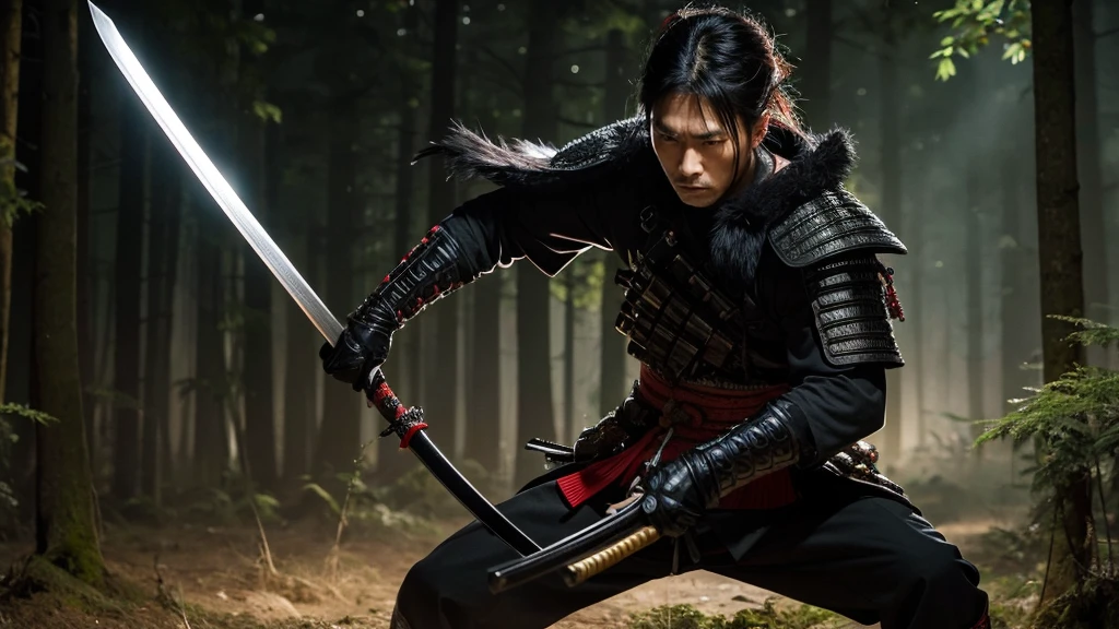 A 40-year-old Japanese male samurai covered in black weapons,Man in samurai costume holding sword in night forest