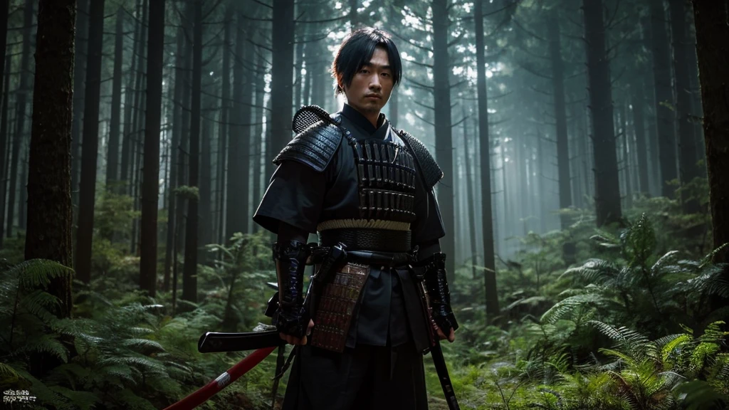 A 40-year-old Japanese male samurai covered in black weapons,Man in samurai costume holding sword in night forest