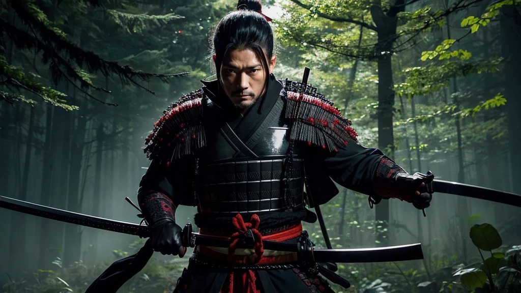 A 40-year-old Japanese male samurai covered in black weapons,Man in samurai costume holding sword in night forest