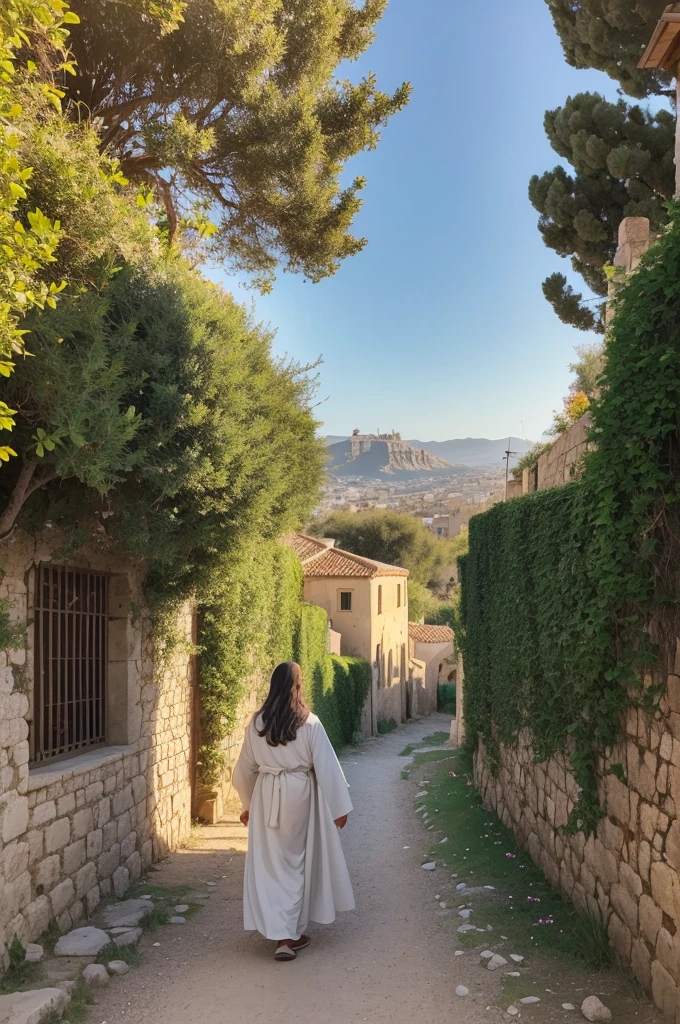 “Create a scene depicting Jesus walking through a historical landscape in Israel. Jesus should be dressed in traditional, simple robes, with a serene and compassionate expression on His face. He is walking along a dusty path that winds through a rustic, ancient village, surrounded by stone houses and olive trees. The landscape includes rolling hills, with patches of greenery and wildflowers. In the background, include elements such as a clear blue sky, distant mountains, and perhaps a glimpse of the Sea of Galilee. There should be a warm, golden light, suggesting either early morning or late afternoon, casting long shadows and giving the scene a timeless, peaceful atmosphere. The overall feeling should be one of tranquility and spiritual presence.”