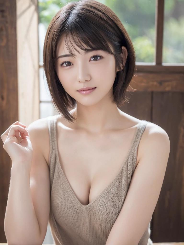 (masterpiece:1.3), (8K, Photorealistic, RAW Photos, Best image quality: 1.4),Beautiful Japanese Woman、20-year-old、(Random hairstyle:1.2)、Cleavage:1.2、Super detailed face、Eye on the details、double eyelid、Sharp focus:1.2、Beautiful woman:1.4、Light brown hair、Highest quality、masterpiece、Ultra-high resolution、(Photorealistic:1.4)、Highly detailed and professionally lit smiles、Loose, lightweight knitwear、Show your shoulders、thin、Serious expression、Short Hair、Deadly position