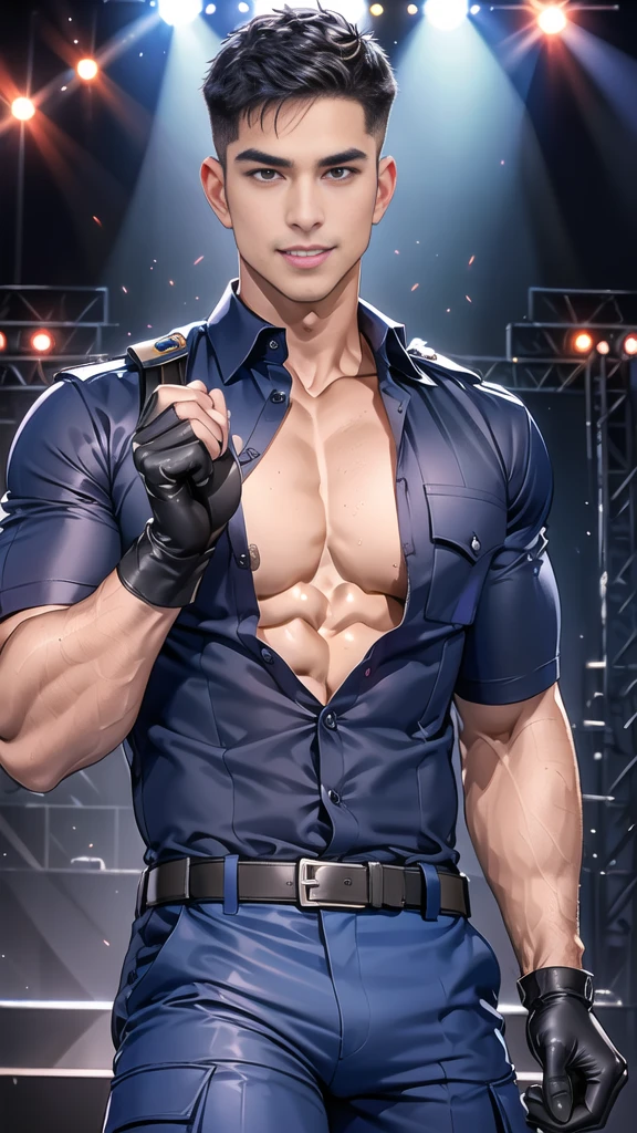 handsome man sit on stage ,(crew cut short hair:1.2),black eye,smile,open mouth (navy police uniform and t-shirt:1.2),(open shirt short sleeves:1.2),collar,(shirt covered over:1.2),(name tag and Police badge:1.2),(shirt no buttons:1.1),(black_gloves:1.3), (Navy blue cargo:1.2),Korean guy,korean men,(High gloss details),(chest muscles:1.2),(large arm muscles:1.2),blood vessel,Big muscles,Broad shoulders,looking at the audience,Balancing the eyes,middle of the road,(stage:1.4)