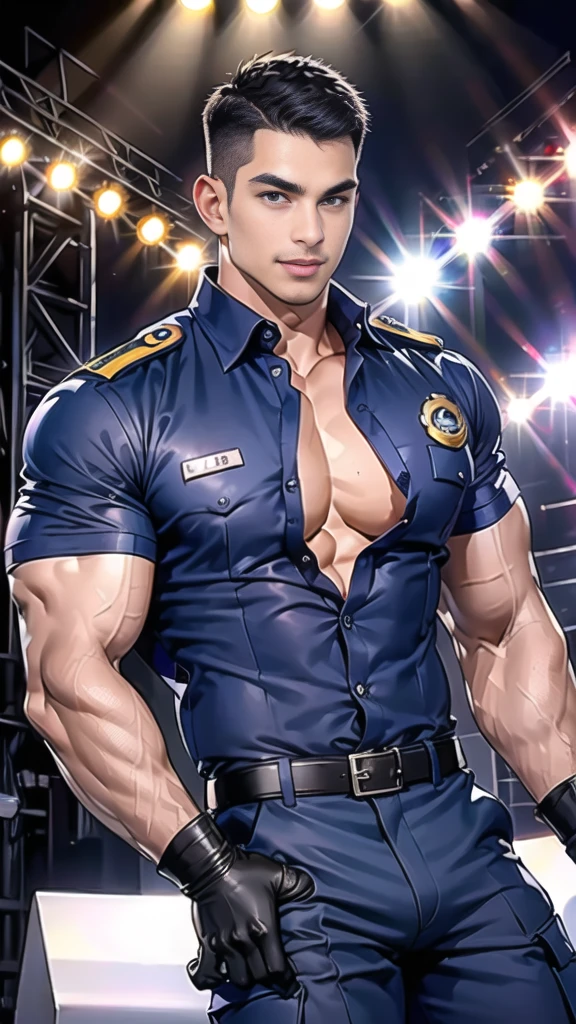 handsome man sit on stage ,(crew cut short hair:1.2),black eye,smile,open mouth (navy police uniform and t-shirt:1.2),(open shirt short sleeves:1.2),collar,(shirt covered over:1.2),(name tag and Police badge:1.2),(shirt no buttons:1.1),(black_gloves:1.3), (Navy blue cargo:1.2),Korean guy,korean men,(High gloss details),(chest muscles:1.2),(large arm muscles:1.2),blood vessel,Big muscles,Broad shoulders,looking at the audience,Balancing the eyes,middle of the road,(stage:1.4)