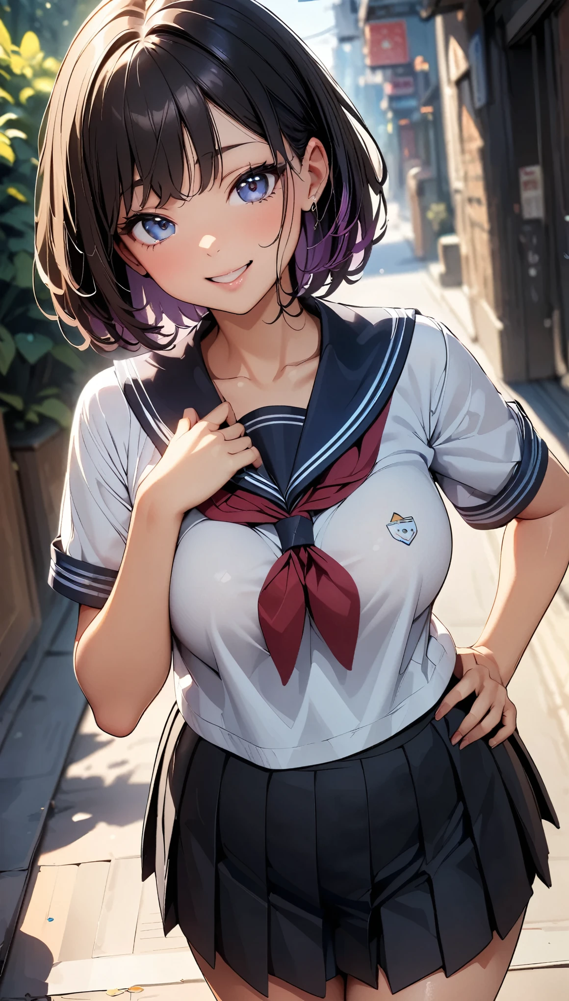 (Highest quality:1.2, 4K, 8K, Very detailed, Latest, Vibrant, High detail, masterpiece:1.2, Highest quality, Best aesthetics), (((1 Girl))), JK, Sailor suit, Pleated skirt, Open your mouth slightly:1.2, smile, (Black Hair, short hair), Dynamic Angle, Friendly atmosphere, Beautiful Hair, Shiny Hair, Beautiful Skin, Detailed face and eyes, Glossy Lips, Curvy Women, A park full of greenery:1.2, Colorful flowers, Light and shadow with attention to detail, Background Blur.