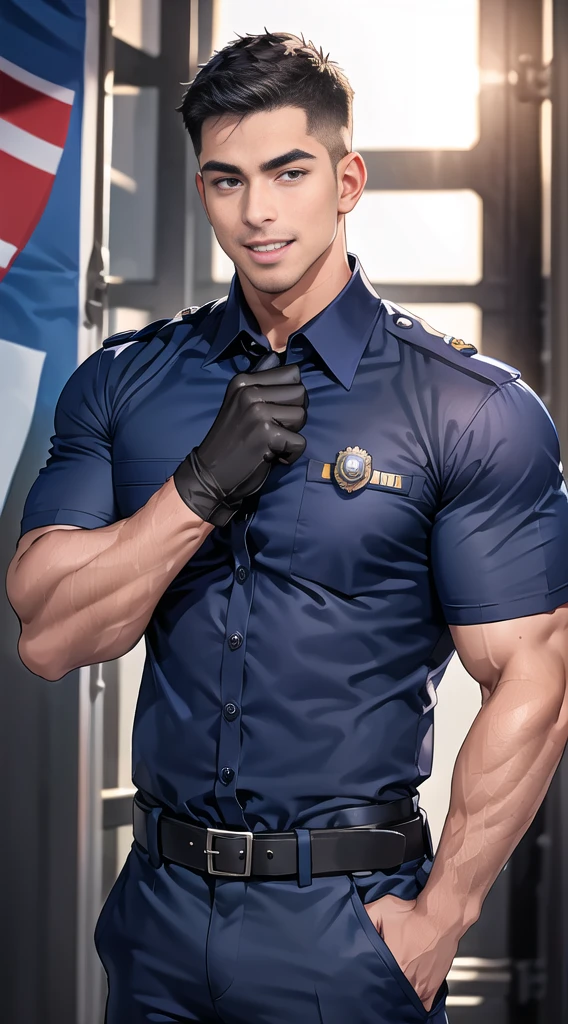 handsome man,(crew cut short hair:1.2),black eye,smile,open mouth (navy police uniform:1.2),(shirt short sleeves:1.2),collar,(shirt covered over:1.2),(name tag and Police badge:1.3),(shirt no buttons:1.1),(black_gloves:1.3), (Navy blue cargo:1.2),Korean guy,korean men,(High gloss details),(chest muscles:1.2),(large arm muscles:1.2),blood vessel,Big muscles,Broad shoulders,looking at the audience,Balancing the eyes,middle of the road,(stage:1.2),
