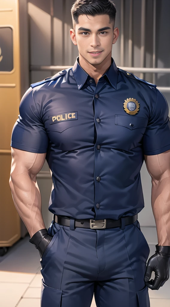 handsome man,(crew cut short hair:1.2),black eye,smile,open mouth (navy police uniform:1.2),(shirt short sleeves:1.2),collar,(shirt covered over:1.2),(name tag and Police badge:1.3),(shirt no buttons:1.1),(black_gloves:1.3), (Navy blue cargo:1.2),Korean guy,korean men,(High gloss details),(chest muscles:1.2),(large arm muscles:1.2),blood vessel,Big muscles,Broad shoulders,looking at the audience,Balancing the eyes,middle of the road,(stage:1.2),