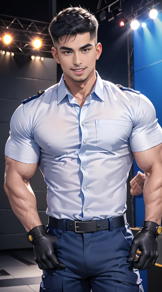 handsome man,(crew cut short hair:1.2),black eye,smile,open mouth (navy police uniform:1.2),(shirt short sleeves:1.2),collar,(shirt covered over:1.2),(name tag and Police badge:1.3),(shirt no buttons:1.1),(black_gloves:1.3), (Navy blue cargo:1.2),Korean guy,korean men,(High gloss details),(chest muscles:1.2),(large arm muscles:1.2),blood vessel,Big muscles,Broad shoulders,looking at the audience,Balancing the eyes,middle of the road,(stage:1.2),